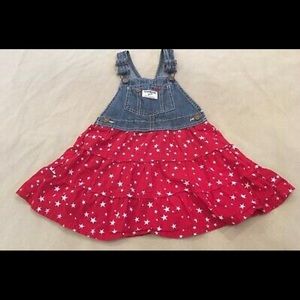 Oshkosh Patriotic Jean Jumper Dress Girl Red White Blue Stars July 4th 6 moths